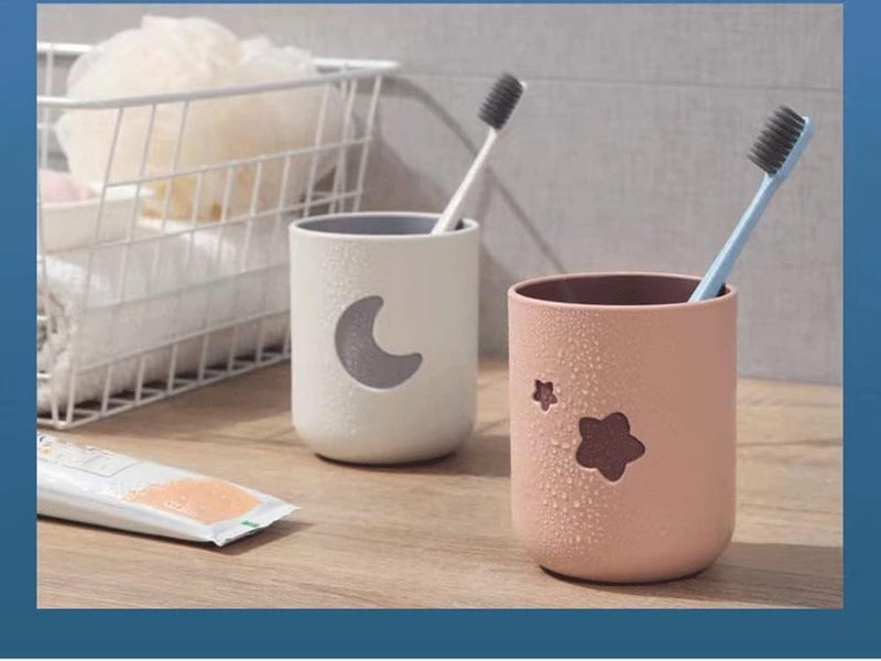 RabyLeo Two-Color Lucky Pair Cup Bathroom Toothbrush Cup Household Cartoon Star Moon Water Cup (Pink & White) - Image 5